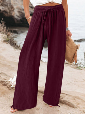 Full Size Drawstring Wide Leg Pants Plus Size in Fuchsia, back view