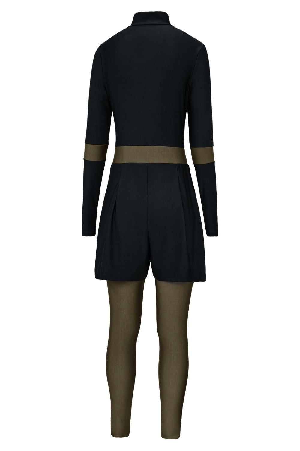 Black sporty one-piece swimsuit with zip detail, long sleeves, shorts, and sheer leggings.