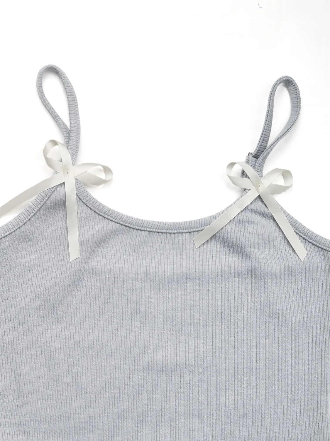 Gray ribbed cami with asymmetric bow straps