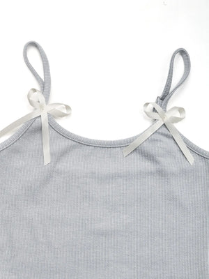 Gray ribbed cami with asymmetric bow straps