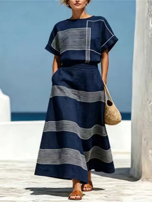 Full Size Striped Round Neck Top And Skirt Set, close-up detail