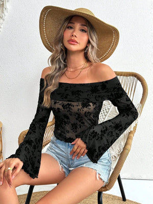 Black velvet floral off-shoulder bell sleeve blouse with sheer fabric