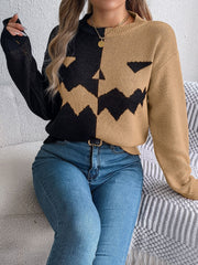Split-Face Pumpkin Knit Sweater in black and camel with a crew neck and long sleeves.