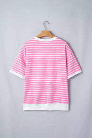 Bold stripe round neck t-shirt in pink and white cotton with white cuffs and hem.