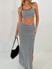 Black striped knit halter crop top and slit maxi skirt set