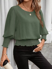 Puff Sleeve Smocked Blouse in Khaki, fit detail