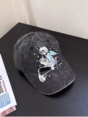 Black cotton baseball cap with whimsical angel embroidery and stars