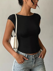 Black cap-sleeve maternity t-shirt with lace trim and boat neck.
