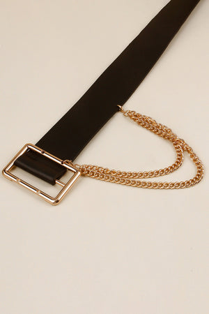 Black faux leather belt with gold square buckle and double chain detail.