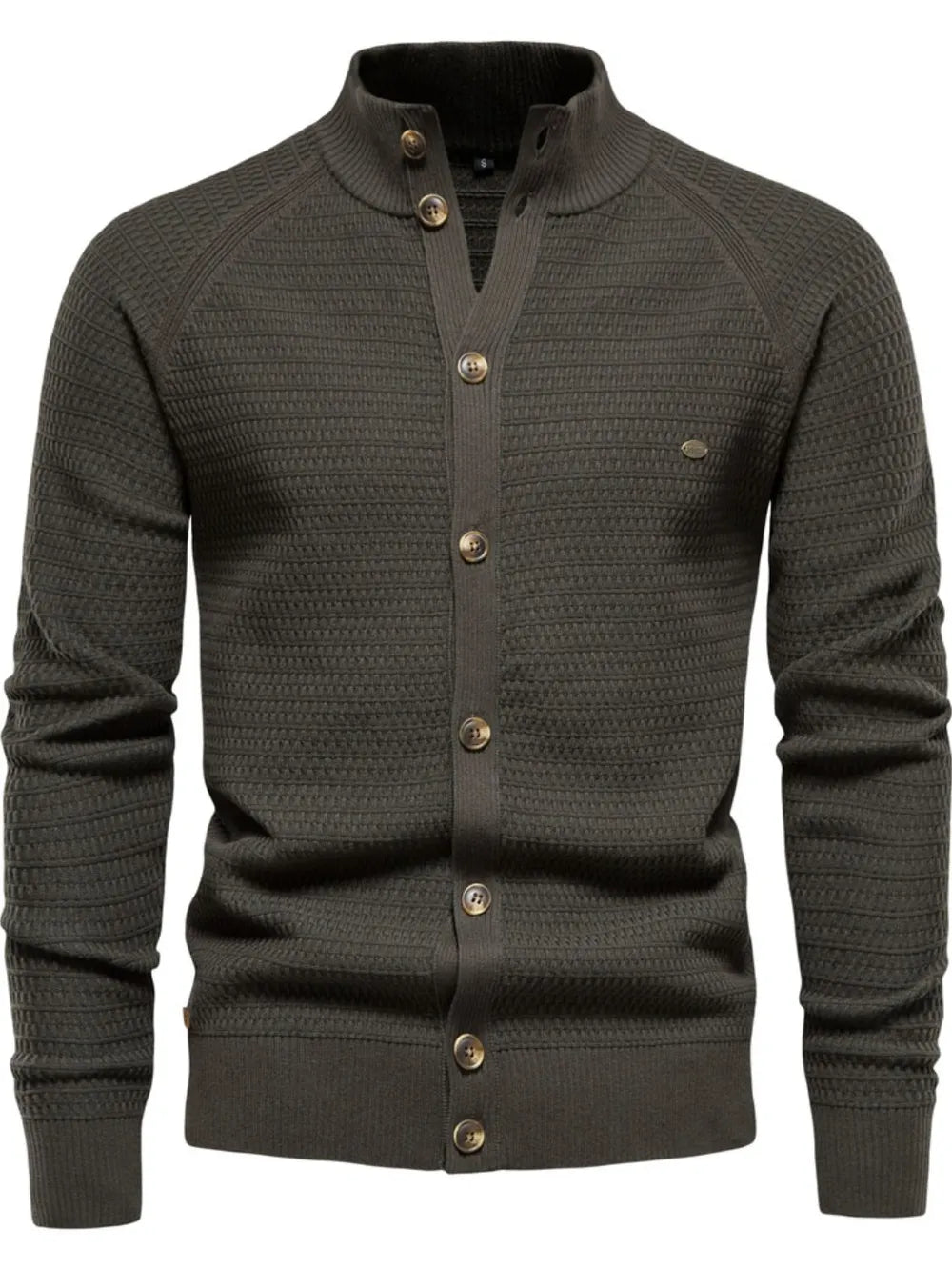 Army green textured knit stand collar cardigan with button closure