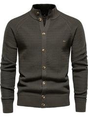 Army green textured knit stand collar cardigan with button closure