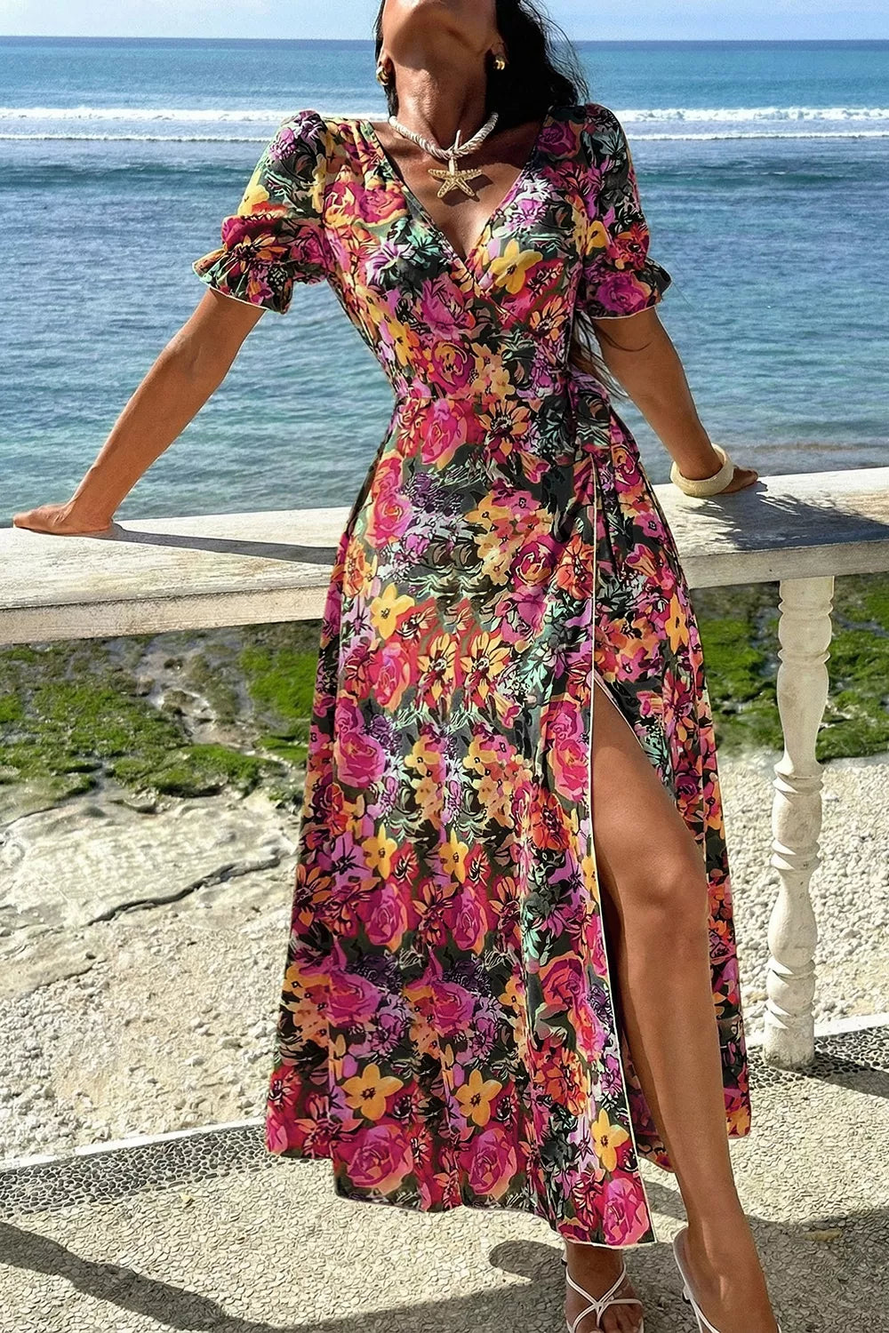 Slit Floral Short Sleeve Maxi Dress in Floral, front view
