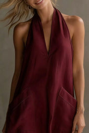Burgundy halter midi dress with V-neck and large front pockets