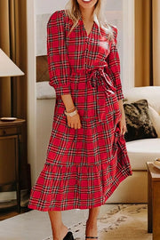 Christmas Plaid V Neck Tie Waist Midi Dress in Deep Red, back view