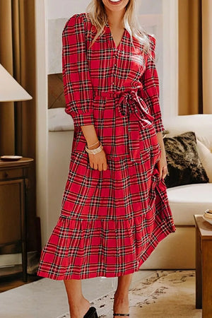 Christmas Plaid V Neck Tie Waist Midi Dress in Deep Red, back view