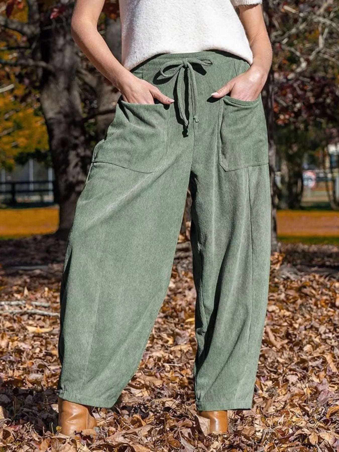 Sage wide-leg corduroy pants with drawstring waist and pockets