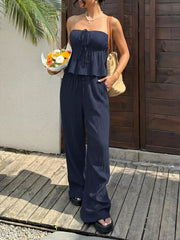 Navy ruffled peplum tube top with drawstring and wide-leg pants set