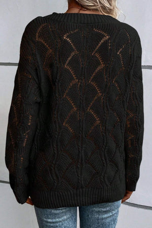 Black openwork knit V-neck pullover sweater with a diamond pattern.