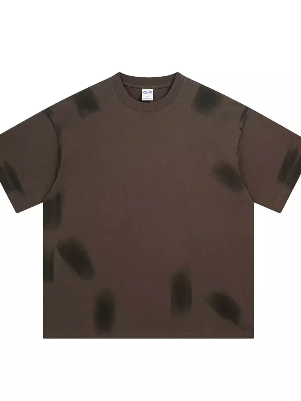 Brown t-shirt with abstract brushstroke pattern, crew neck, and short sleeves.