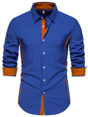Blue button-down shirt with contrast orange trim and cuffs.