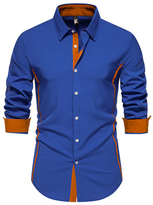 Blue button-down shirt with contrast orange trim and cuffs.