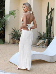White openwork halter neck maxi dress with crochet detail
