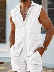 White linen blend sleeveless button-up shirt and shorts set for men.