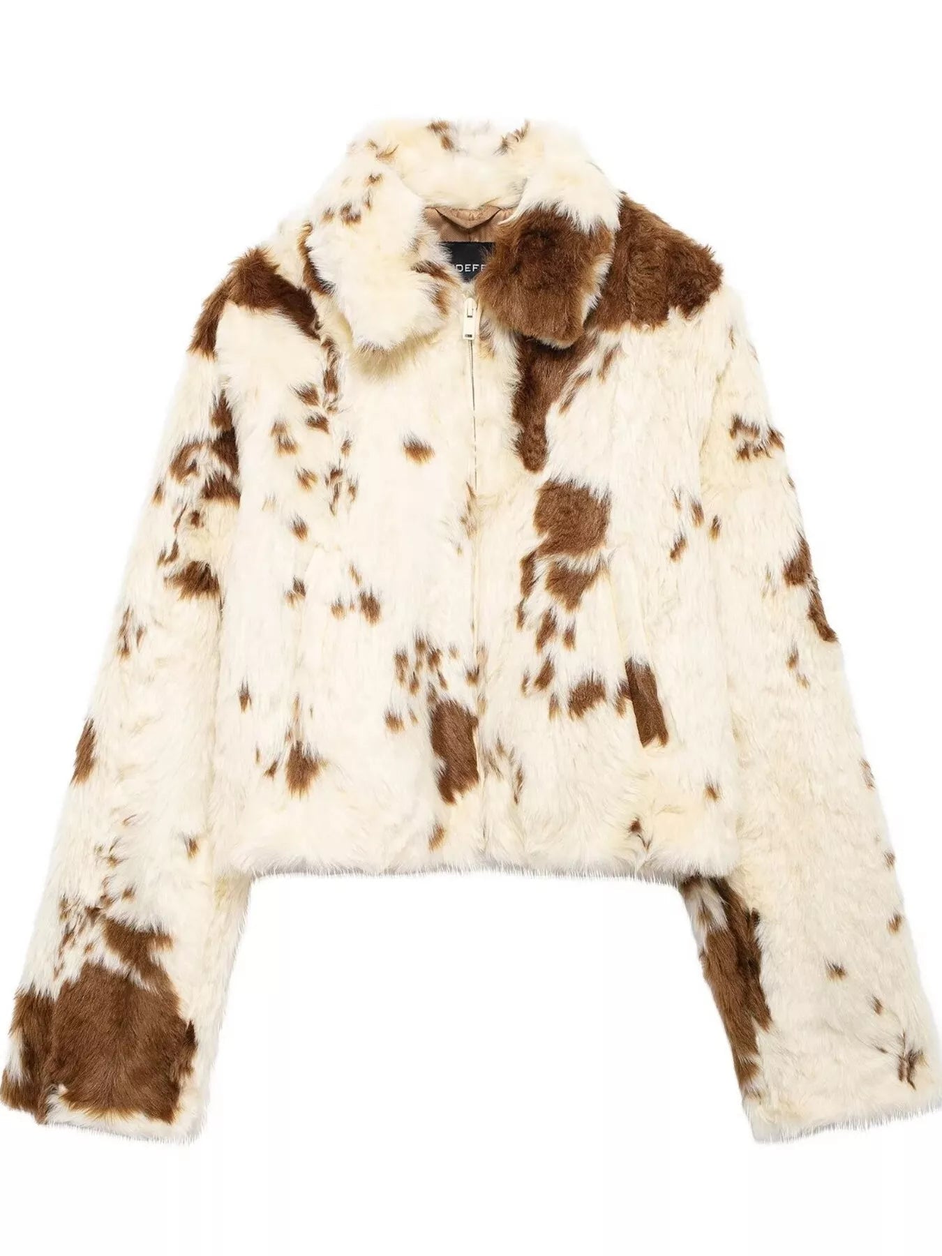 Cropped faux fur jacket with brown cow print pattern and zip-up front.