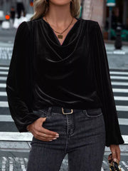 Black velvet cowl neck blouse with long puff sleeves