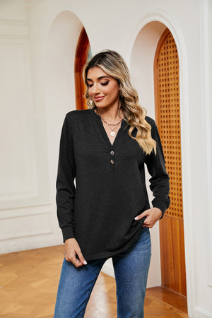 Black henley long sleeve top with button detail