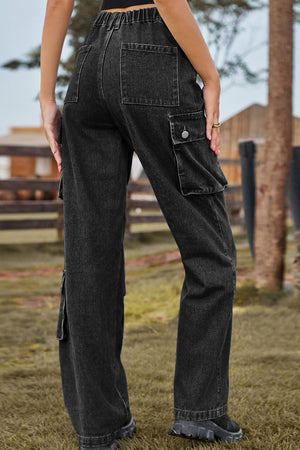 Black denim cargo pants with relaxed wide leg and utility pockets.