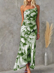 Olive green floral one-shoulder maxi dress with ruched bodice and asymmetrical hem.