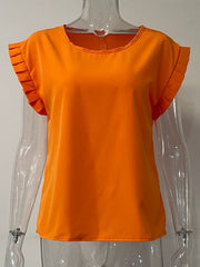 Orange cap-sleeve blouse with pleated sleeve detail