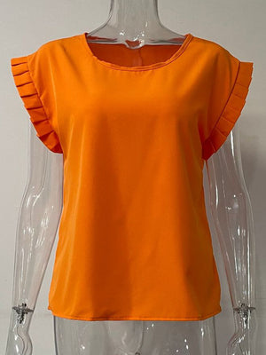 Orange cap-sleeve blouse with pleated sleeve detail
