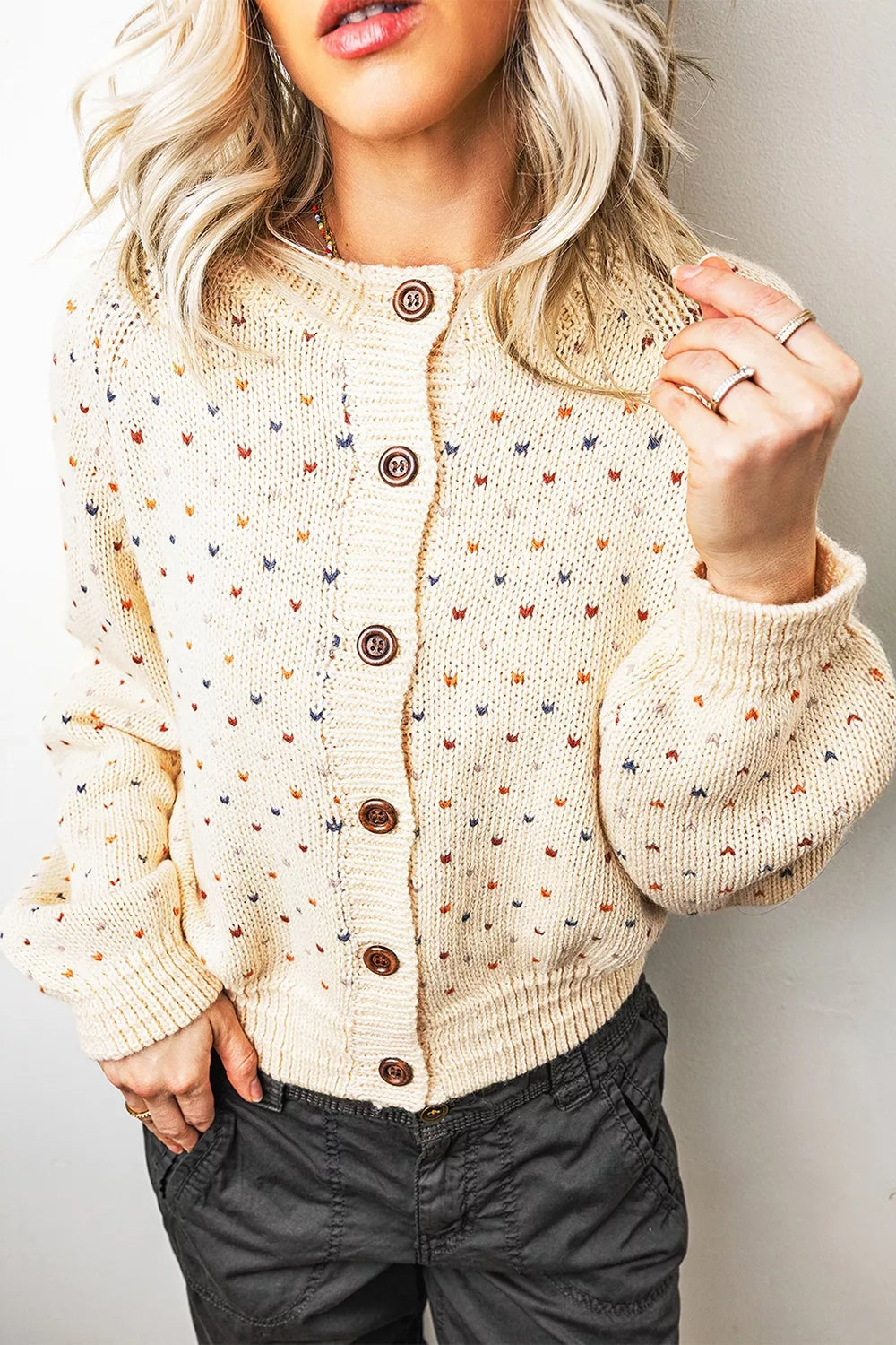 Geometric Print Button Front Cardigan in Beige, back view
