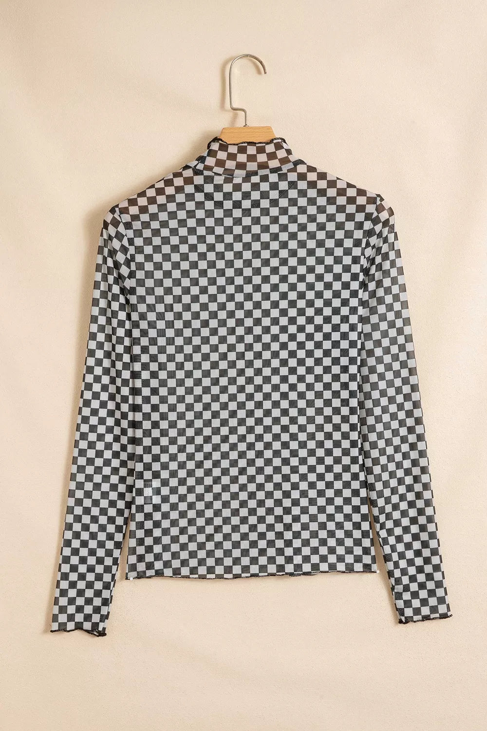 Plaid Stand Neck Long Sleeve Mesh Top, alternate angle