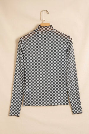 Plaid Stand Neck Long Sleeve Mesh Top, alternate angle