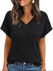 Black ribbed V-neck t-shirt with short sleeves and a relaxed fit.