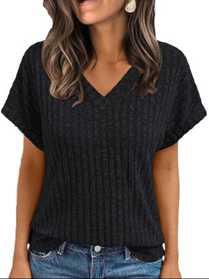 Black ribbed V-neck t-shirt with short sleeves and a relaxed fit.