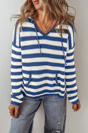 Textured stripe knit hoodie in peacock blue and white with adjustable drawstring and pouch pocket.