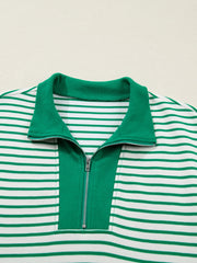 Green and white striped polo collar dress with quarter zip and pockets