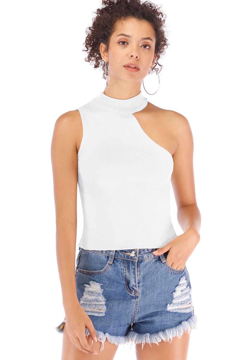 White ribbed knit tank top with asymmetric cut-out detail and mock neck.