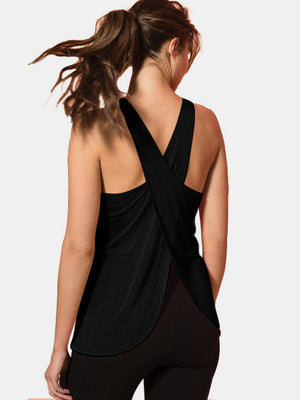 Black cross-back flow tank top with a relaxed fit and curved hem.
