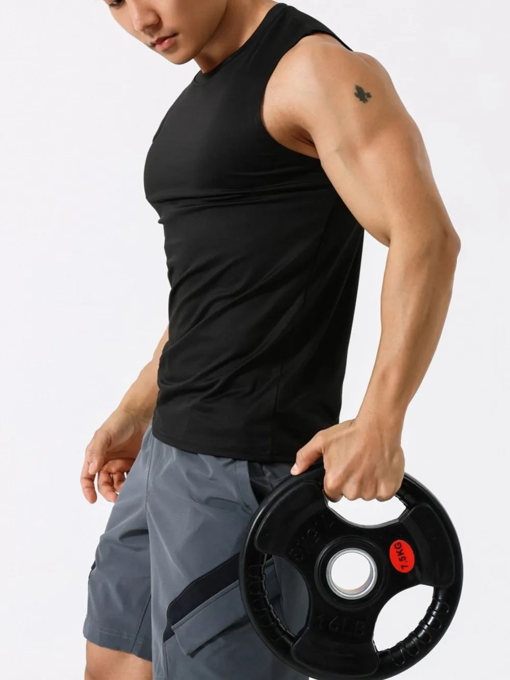 Black performance sleeveless crew neck tank top with breathable fabric.
