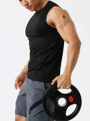 Black performance sleeveless crew neck tank top with breathable fabric.