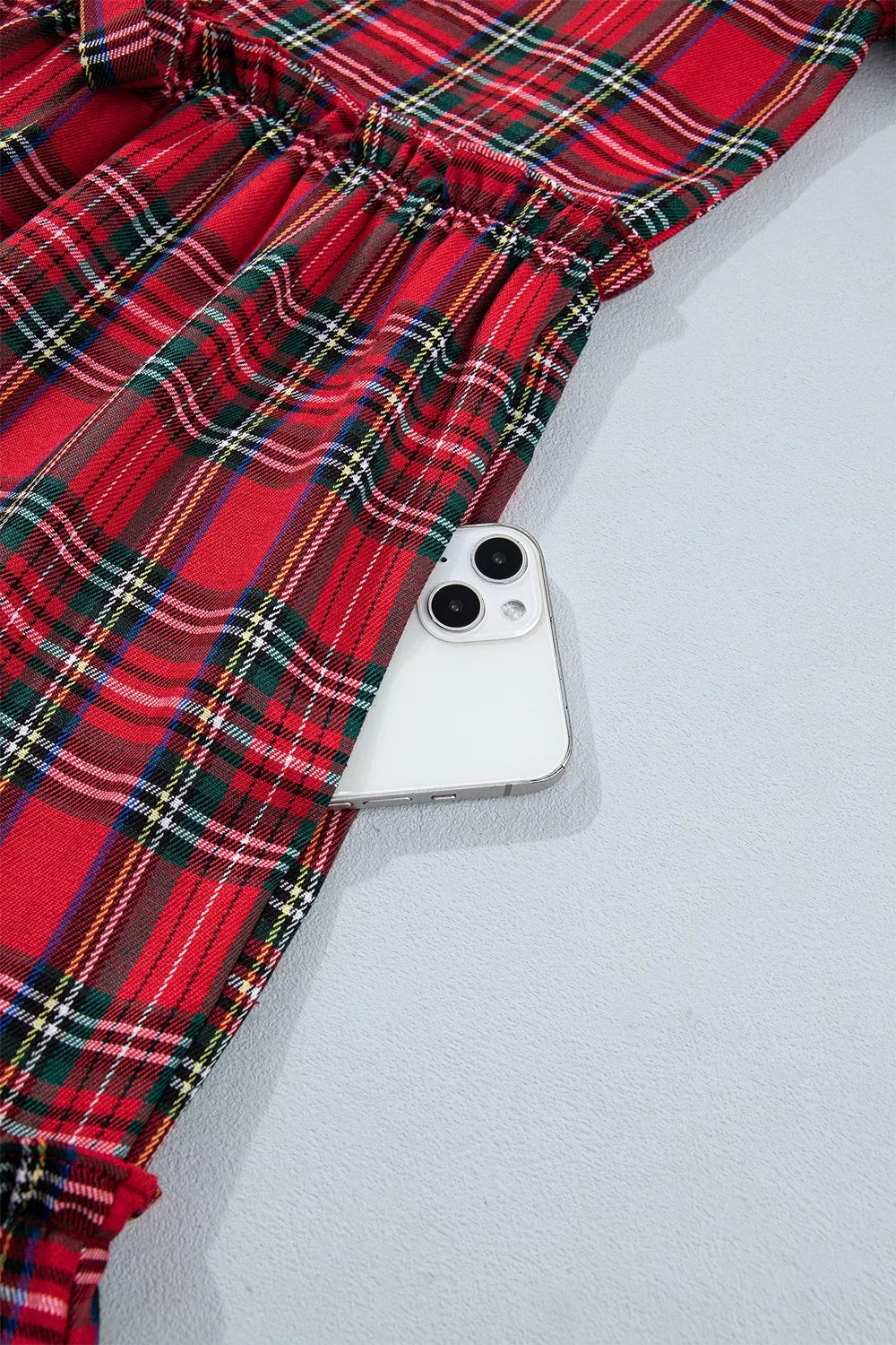 Plaid Knot Neck Short Sleeve Mini Dress in Burgundy, fit detail