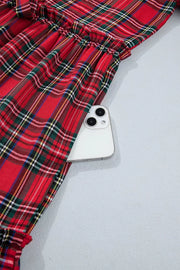 Plaid Knot Neck Short Sleeve Mini Dress in Burgundy, fit detail