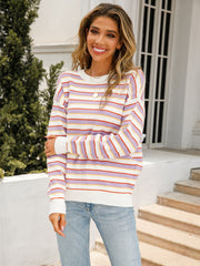 Pastel stripe crewneck knit sweater in lavender with red and yellow stripes, acrylic, casual style.