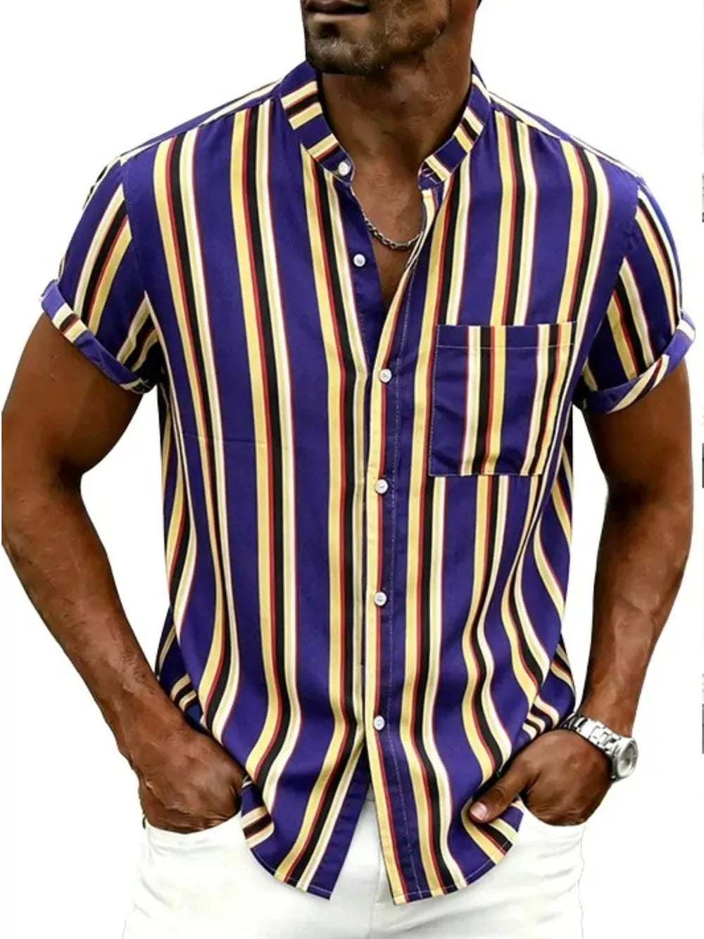 Men's Plus Size Striped Button Up Short Sleeve Shirt in Navy, front view