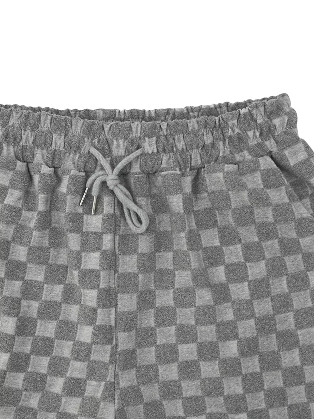 Dark gray checkered casual shorts for men with drawstring waist.